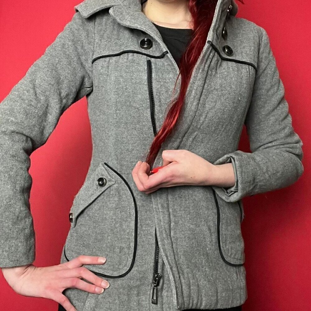 Grey and black winter hooded jacket with shiny  buttons​​​​​​​​​​​​​​​